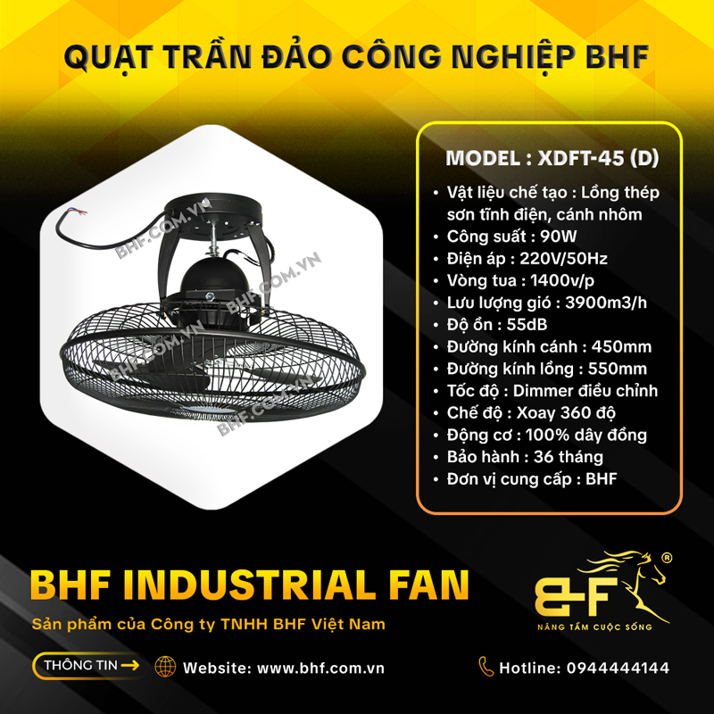 Quạt Trần Đảo Công Nghiệp BHF XDFT-45 (Màu Đen 90W - Bảo Hành 3 Năm) 5