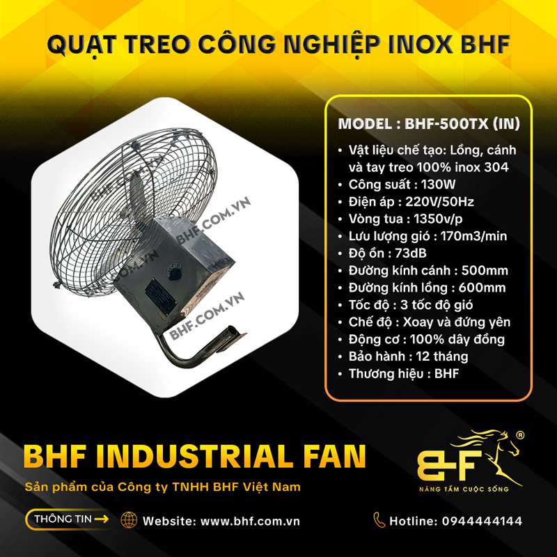 Quạt Treo Công Nghiệp Inox 304 BHF-500TXIN (130W - Xoay Được) 5