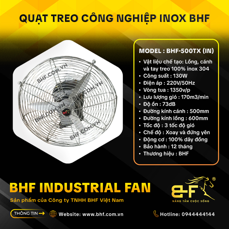Quạt Treo Công Nghiệp Inox 304 BHF-500TXIN (130W - Xoay Được) 4
