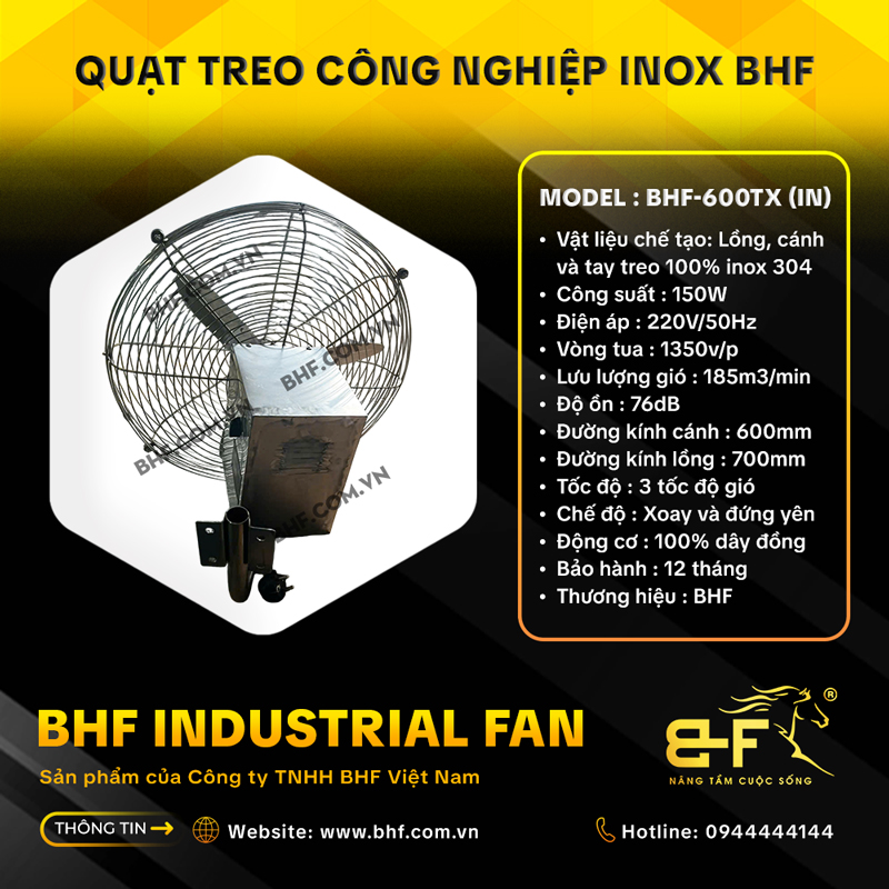 Quạt Treo Công Nghiệp Inox 304 BHF-600TXIN (150W - Xoay Được) 5