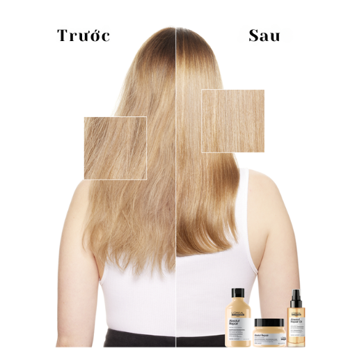 Kết quả phục hồi tóc hư tổn nặng: mái tóc bóng mượt và chắc khỏe với L'Oréal Absolut Repair.