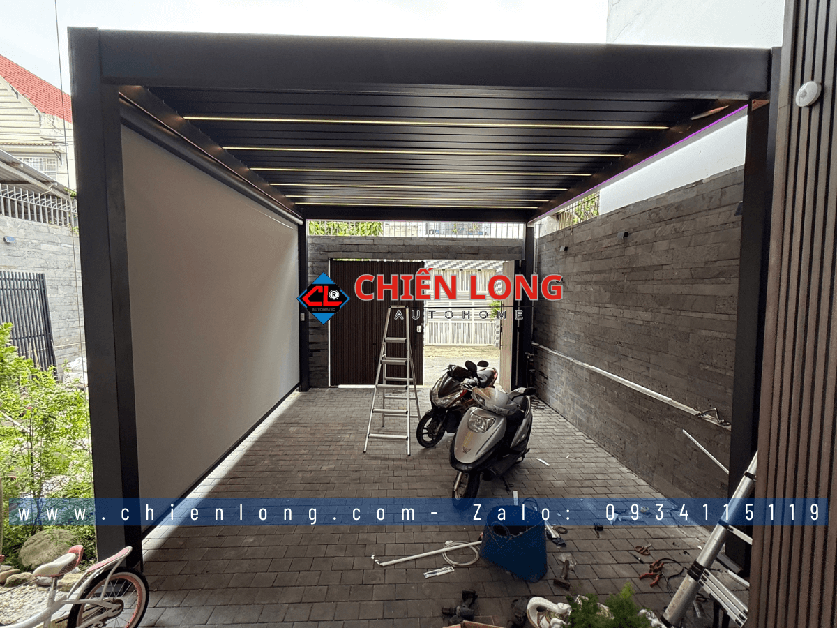 Cận cảnh hệ mái nhôm xếp lật tự động chống mưa nắng cao cấp