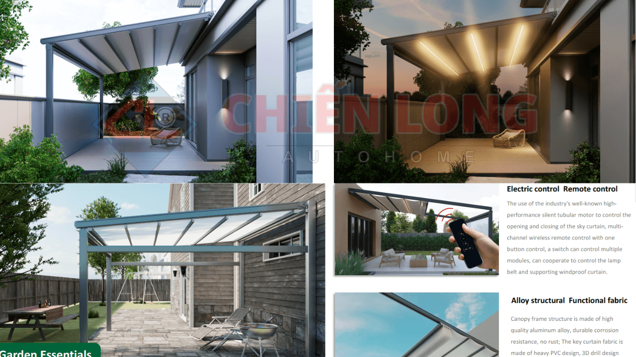 mái xếp pergola pvc cao cấp sân vườn biệt thự chịu gió mạnh