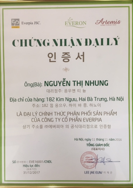 giấy chắng nhận đại lý Everon chính hãng