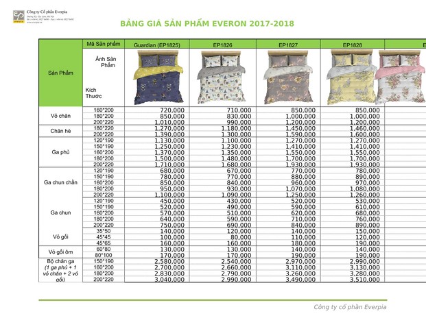 Bảng giá chăn ga gối đệm Everon 2018