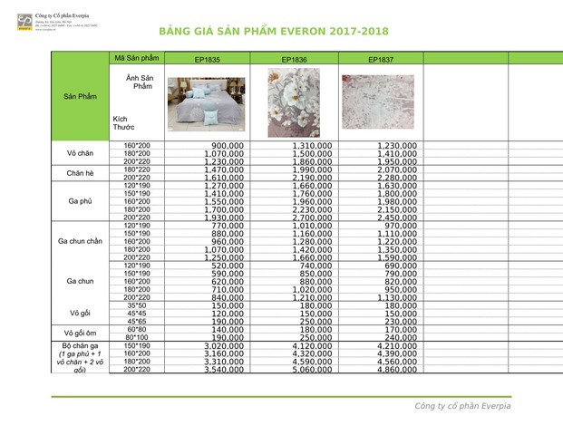 Bảng giá chăn ga gối đệm Everon 2018