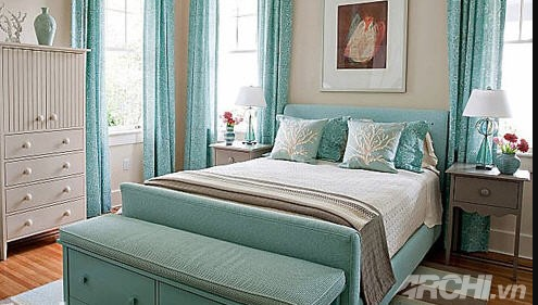 mau rem cua phong ngu mau xanh ngoc cham bi