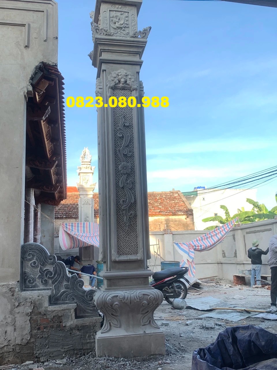 THI CÔNG HOA VĂN RÔNG PHƯỢNG TRANG TRÍ NHÀ THỜ HỌ, CỘT ĐỒNG TRỤ BÊ TÔNG, CỘT ĐÈN NHÀ THỜ