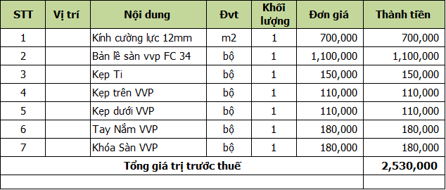 báo giá cửa kính thủy lực 1 tấm