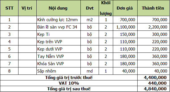 báo giá cửa kính thủy lực 2 cánh 1 vách trên