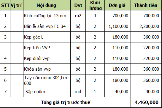 báo giá cửa kính thủy lực 2 cánh 5 tấm