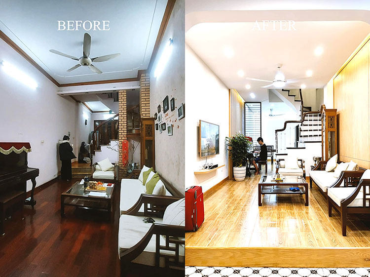 Phòng khách trước và sau khi cải tạo
