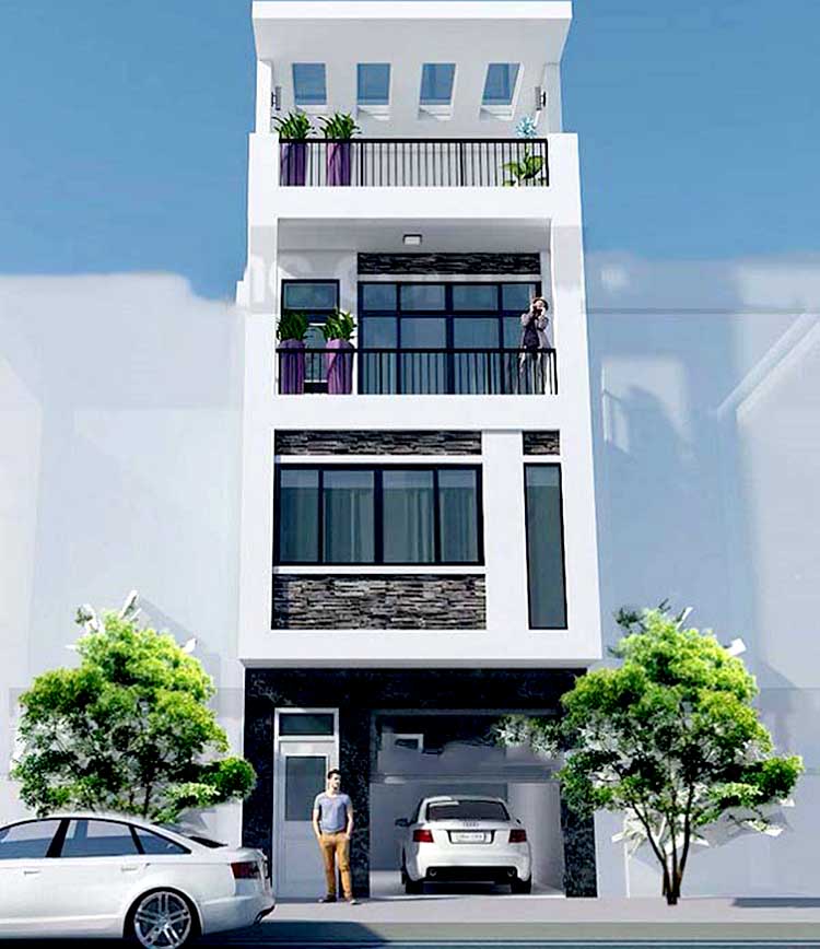 Hình ảnh phố cảnh 3D mẫu thiết kế nhà phố 4 tầng mặt tiền 4m