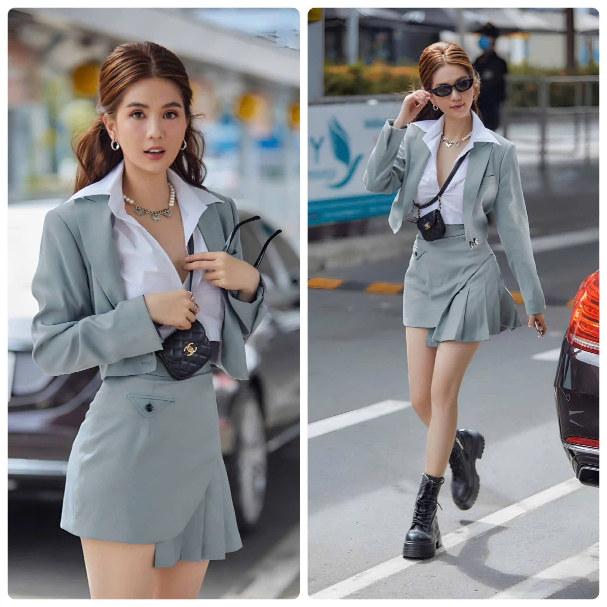 Set áo váy kiểu áo vest kèm áo sơ mi và chân váy ngắn