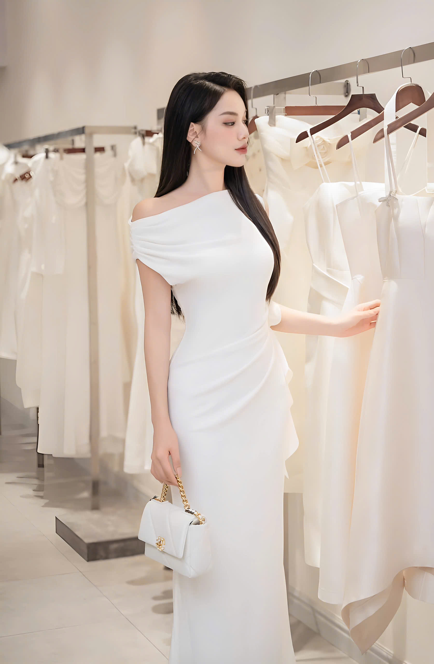 Đầm dự tiệc dáng dài lệch vai phối hoa sang trọng