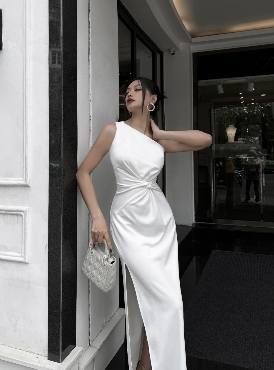 Đầm dự tiệc dáng dạ hội lệch vai xoắn eo xẻ đùi