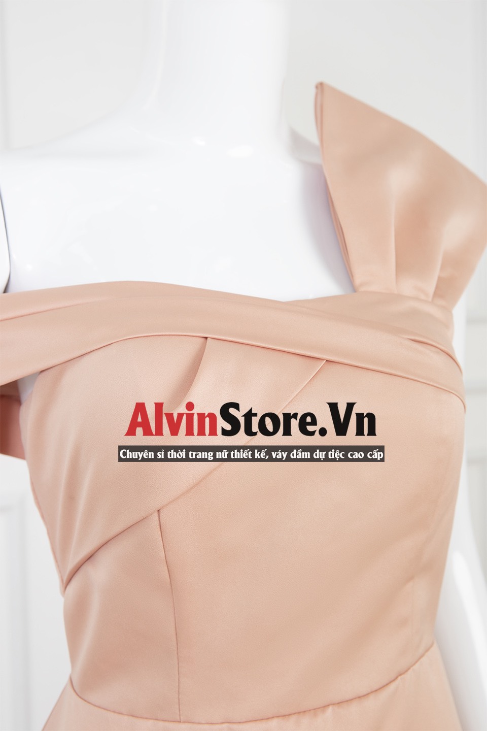 Đầm dự tiệc dáng xoè lệch vai phối nơ sang trọng