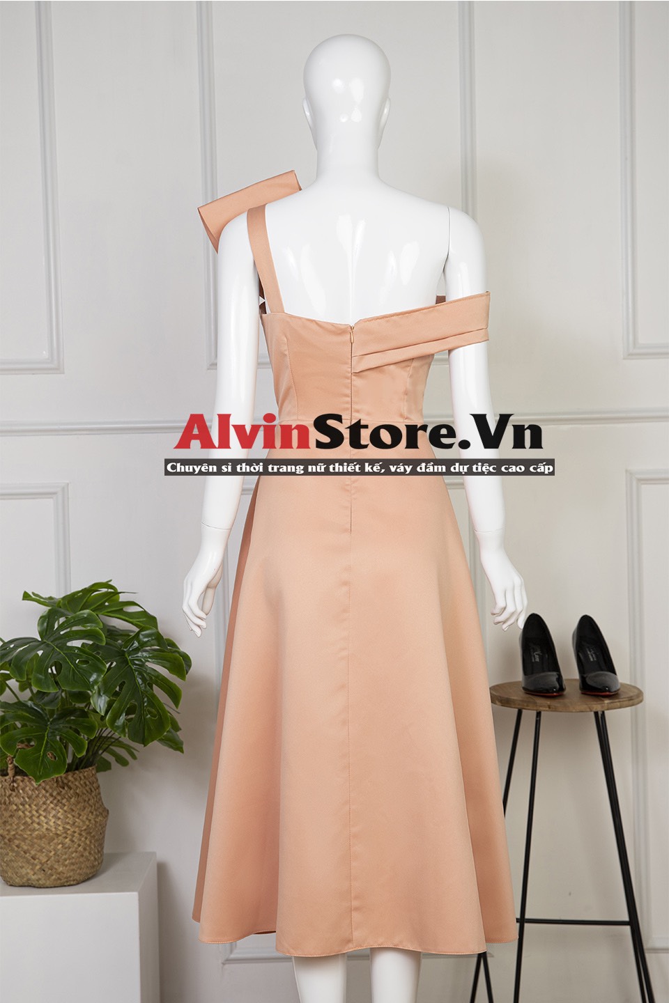 Đầm dự tiệc dáng xoè lệch vai phối nơ sang trọng