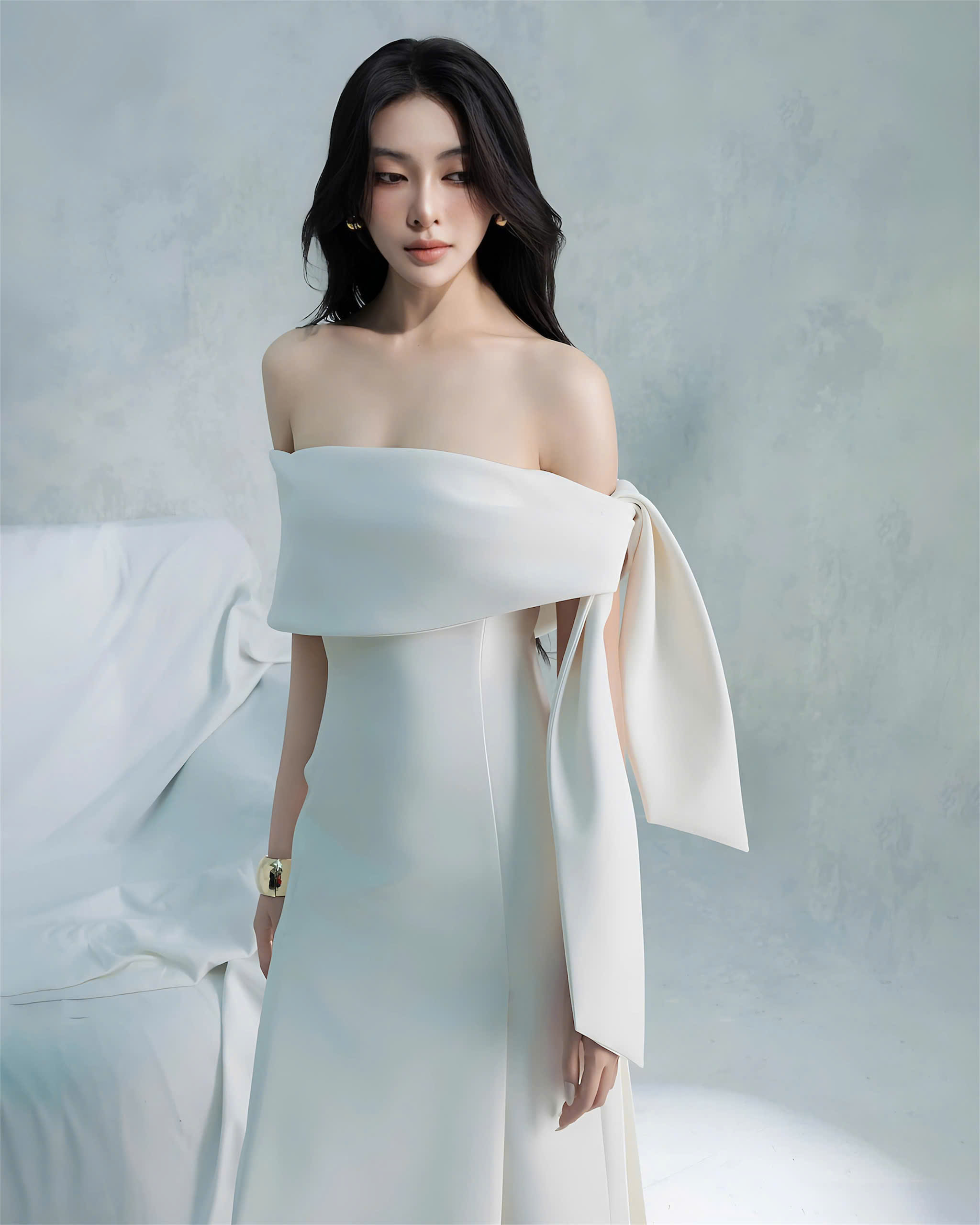 Đầm dự tiệc dáng dài vai ngang cúp ngực cột nơ