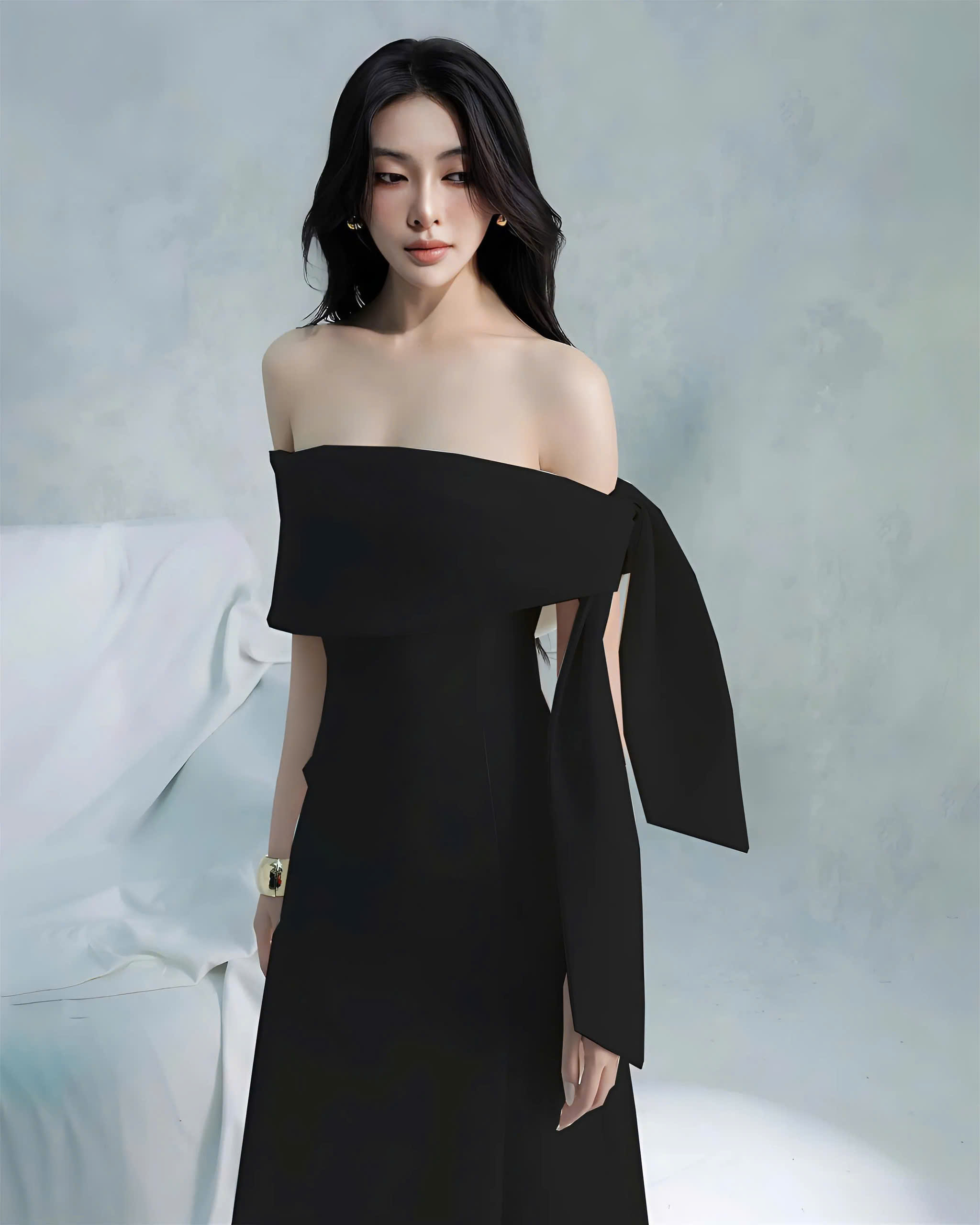 Đầm dự tiệc dáng dài vai ngang cúp ngực cột nơ