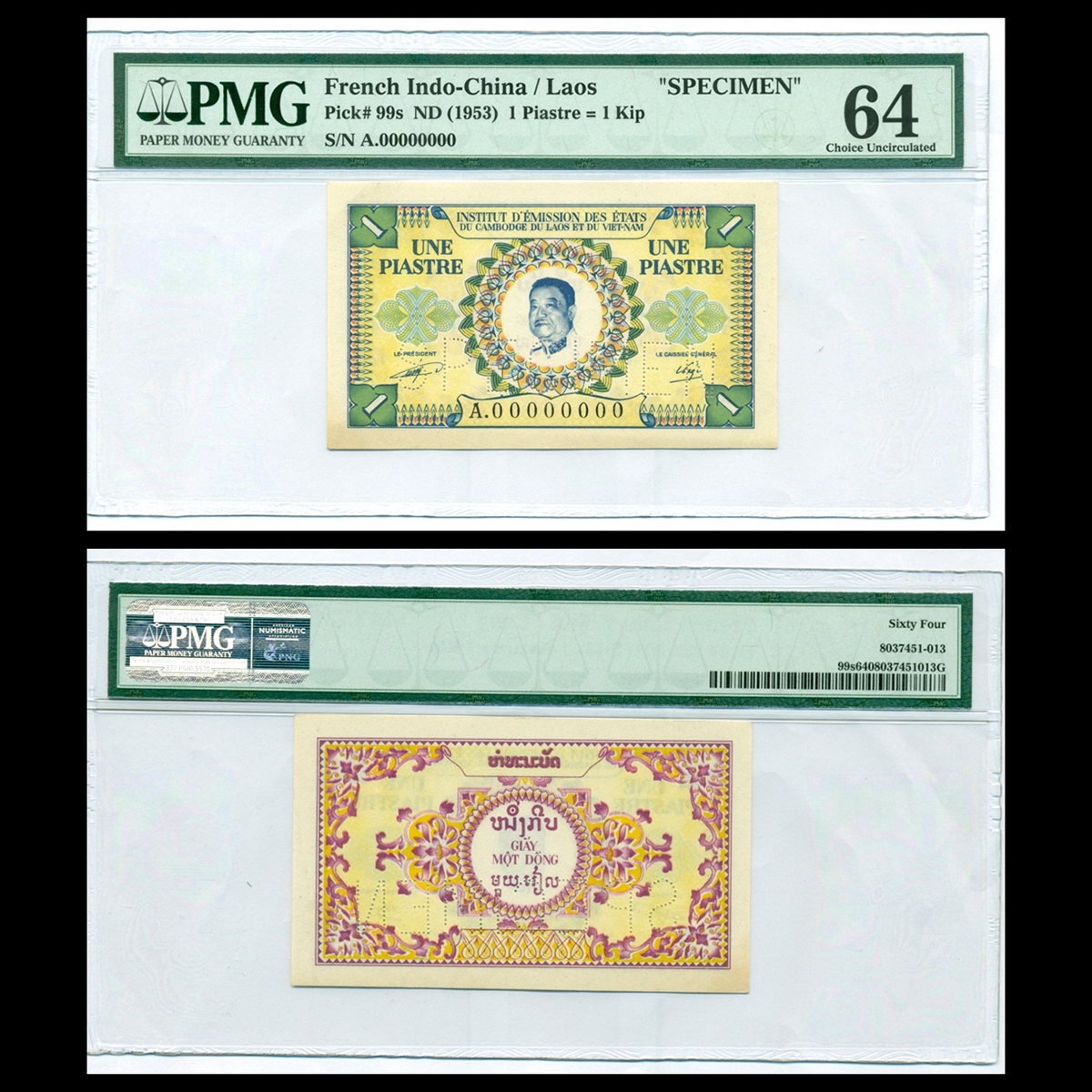 Bộ 3 tờ mẫu 1 piastre Vua Bảo Đại 1953 Đông Dương- Bản mẫu