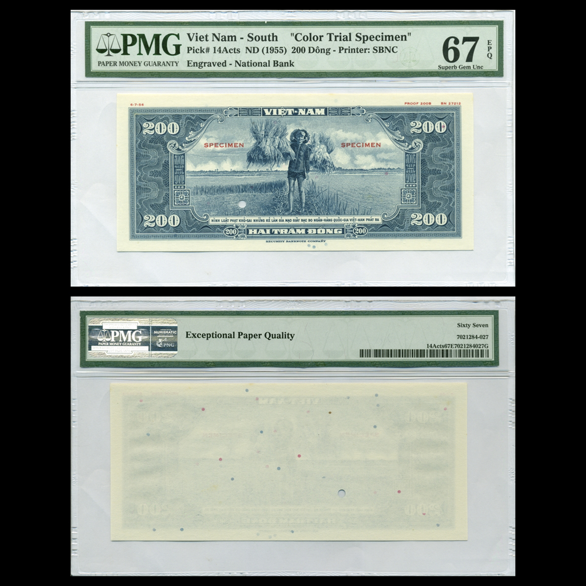 Bộ 20 tờ 200 đồng, Lính bồng súng - Nông dân đang gánh lúa 1955 VNCH- Bản mẫu in thử màu