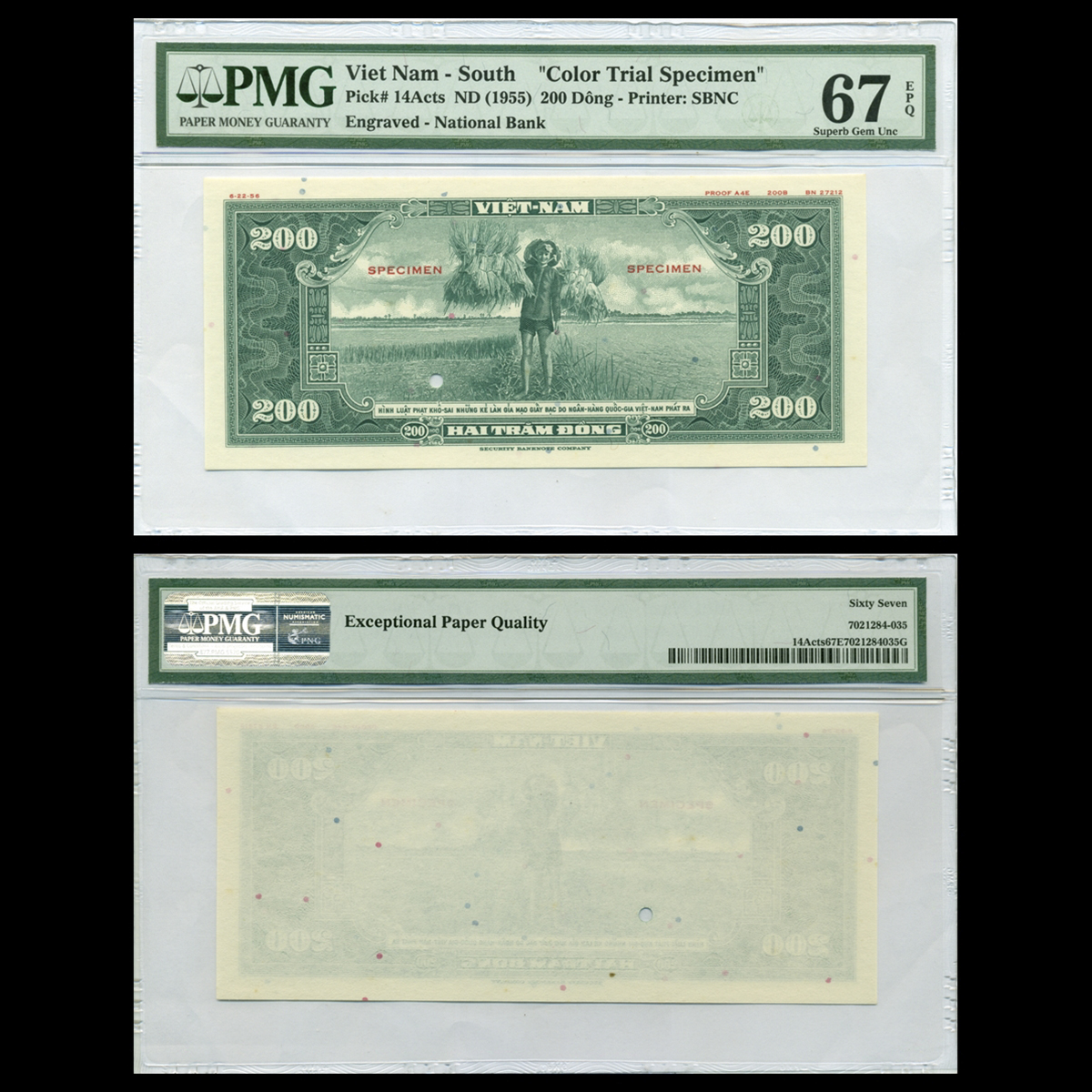 Bộ 20 tờ 200 đồng, Lính bồng súng - Nông dân đang gánh lúa 1955 VNCH- Bản mẫu in thử màu