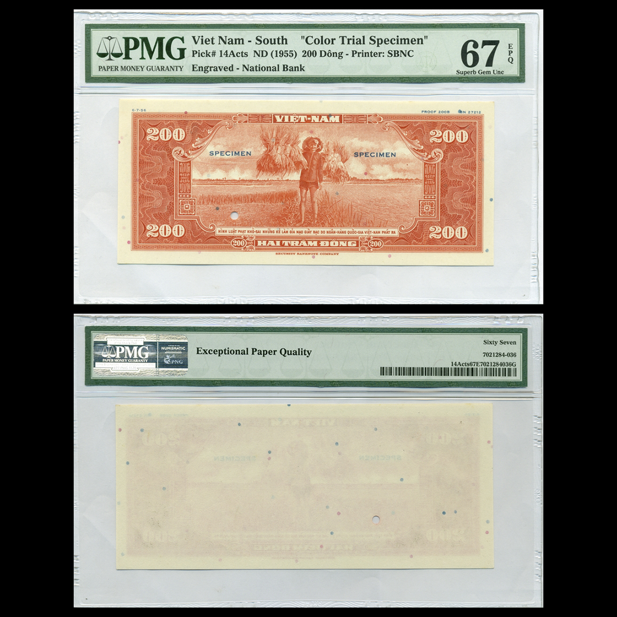 Bộ 20 tờ 200 đồng, Lính bồng súng - Nông dân đang gánh lúa 1955 VNCH- Bản mẫu in thử màu