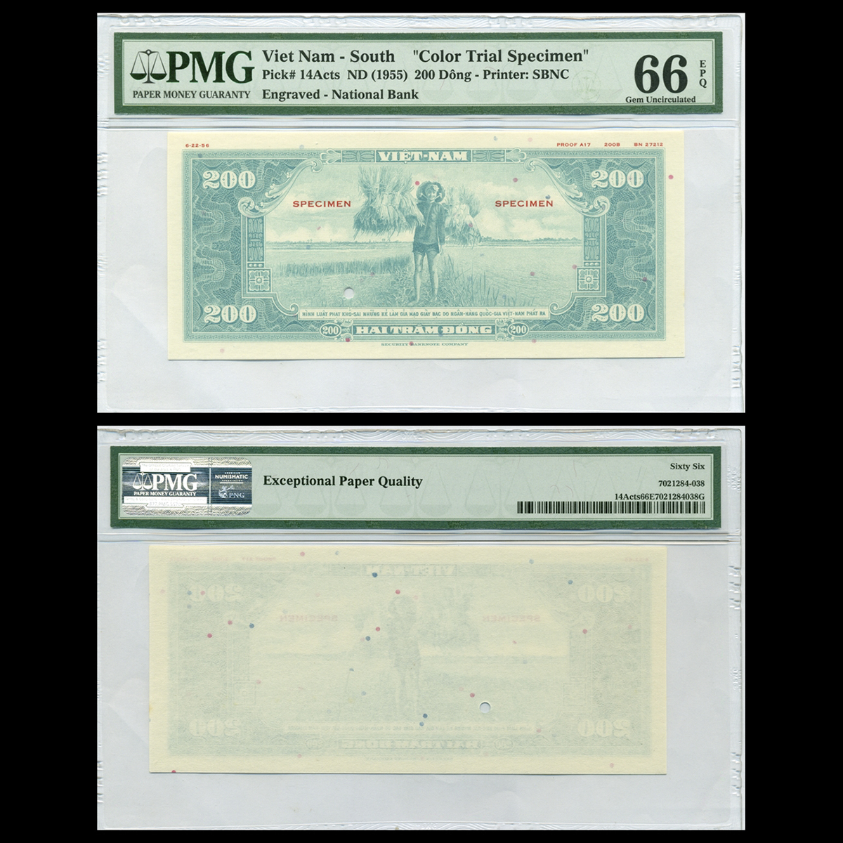 Bộ 20 tờ 200 đồng, Lính bồng súng - Nông dân đang gánh lúa 1955 VNCH- Bản mẫu in thử màu