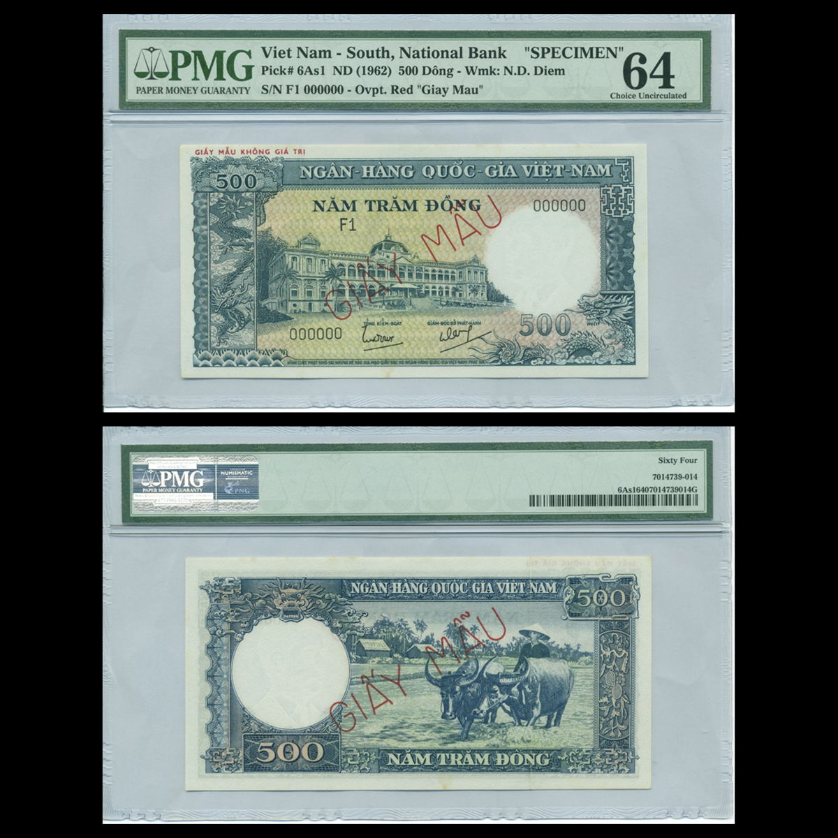 500 đồng, Dinh Gia Long - Hai con trâu 1962 Việt Nam Cộng Hòa- Bản mẫu