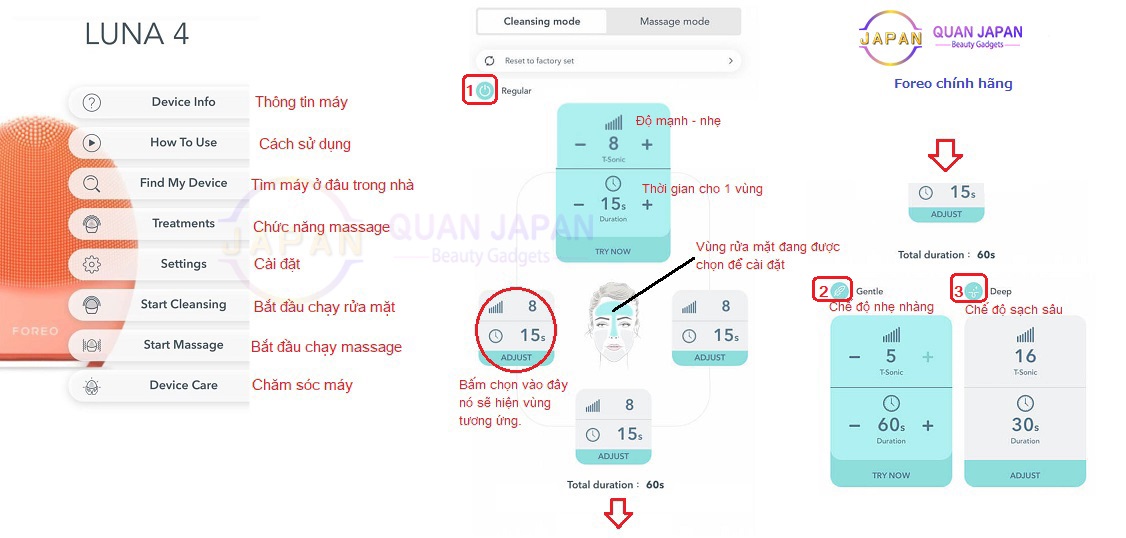 Cài đặt chế độ rửa mặt foreo luna 4