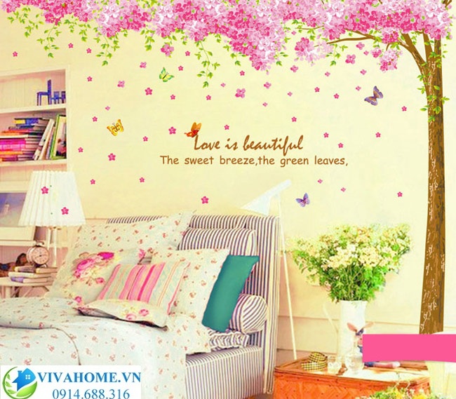 Decal dán tường Cây hoa anh đào hồng size đại 2m6