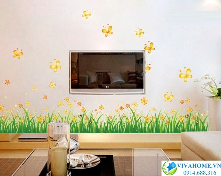 Decal dán chân tường Cỏ xanh hoa vàng