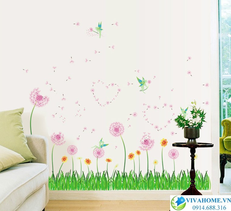 Decal dán chân tường Hoa bồ công anh hồng