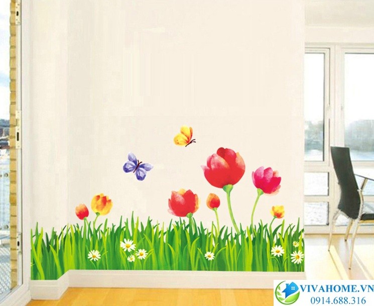 Decal dán chân tường Bông hoa Tulip đỏ