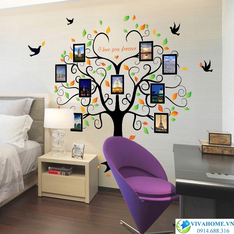 Decal dán tường cây khung ảnh trái tim