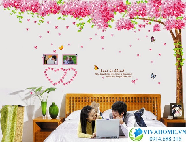 Decal dán tường Cây hoa anh đào hồng