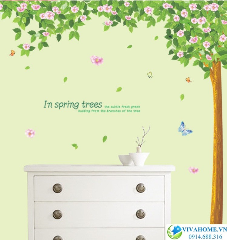 Decal dán tường Cây xanh hoa hồng
