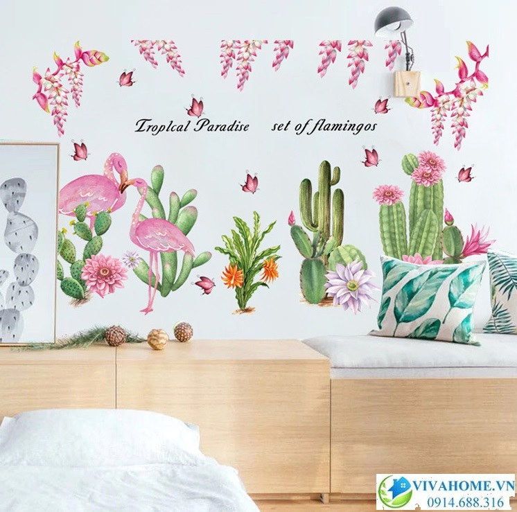 Decal dán tường Đôi hạc bên hàng xương rồng