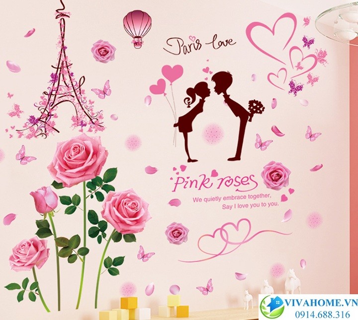 Decal dán tường Uyên ương hoa hồng phấn
