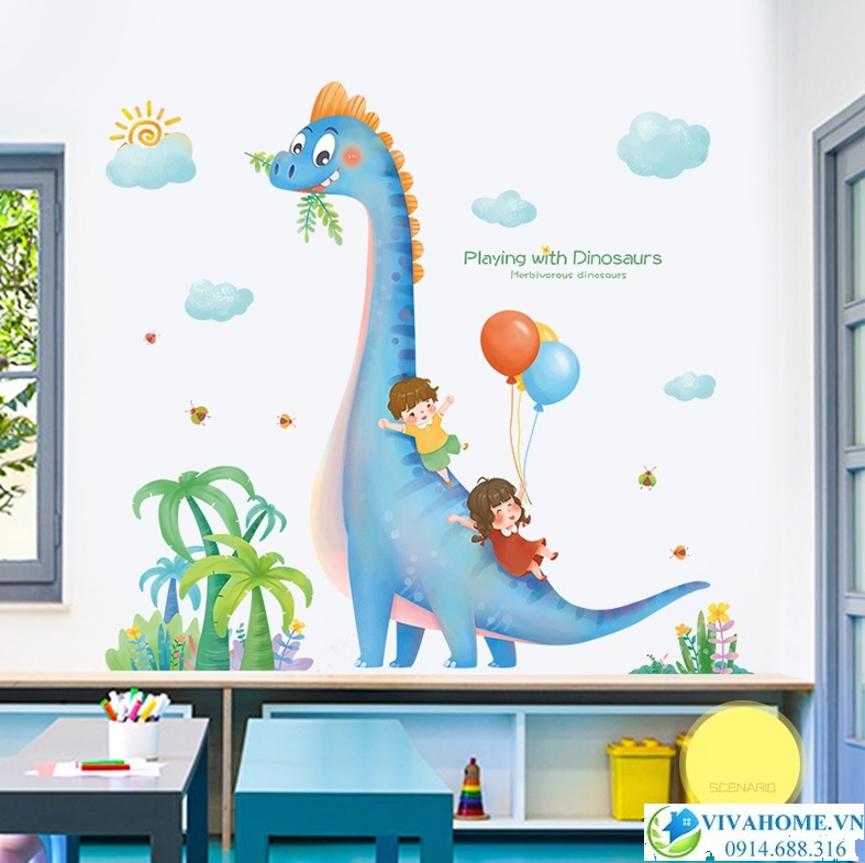 Decal dán tường Bé trượt trên lưng khủng long