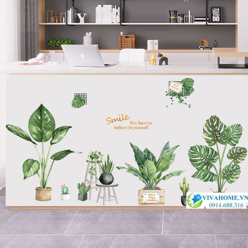 Decal dán tường chậu cây xanh