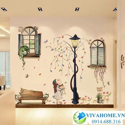 Decal dán tường Cột đèn cỏ hoa và cửa sổ nâu