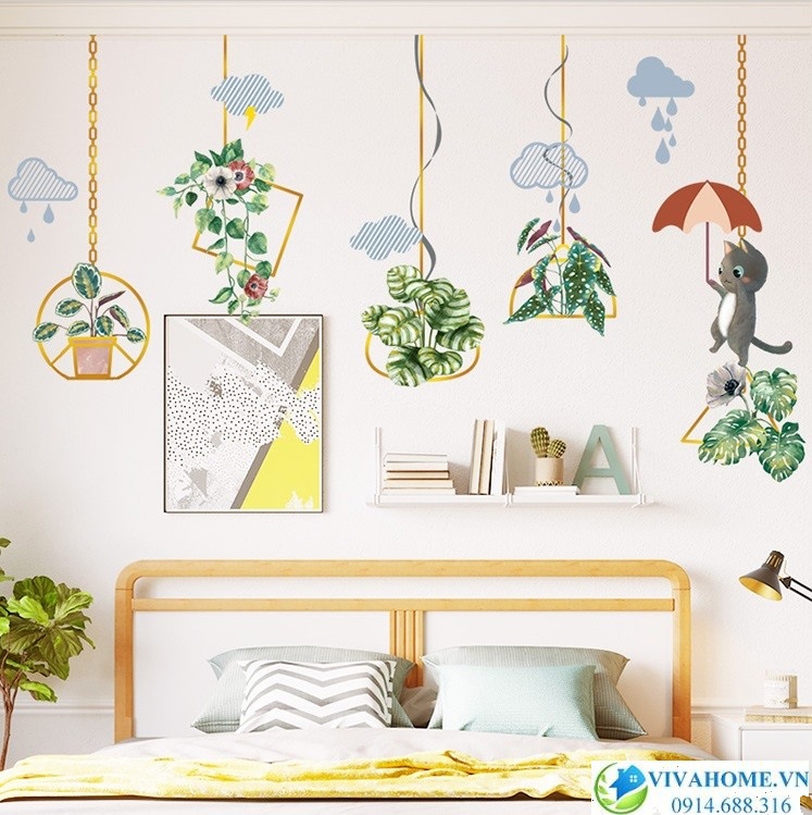 Decal dán tường Dây hoa và mèo che ô