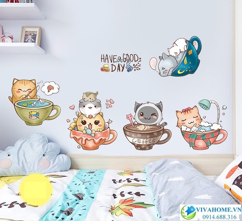 Decal dán tường Mèo trong chiếc tách