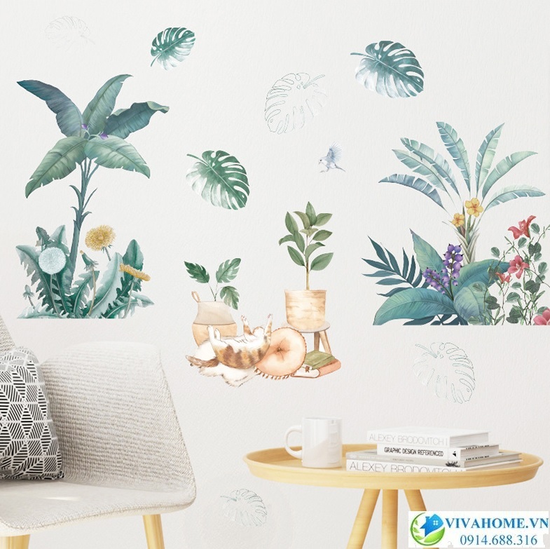 Decal dán tường Tán lá và mèo tinh nghịch