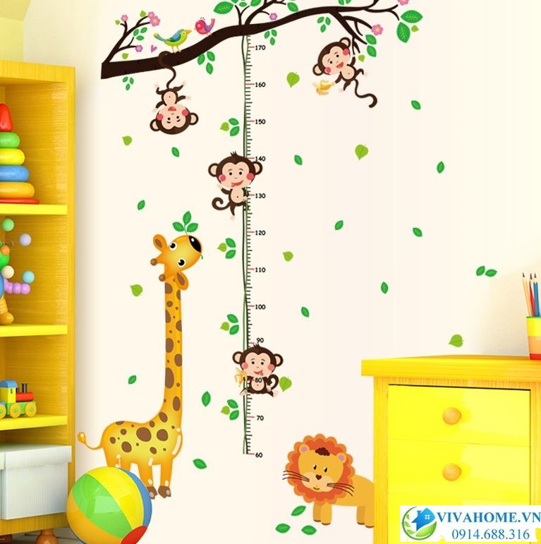 Decal dán tường Thước đo chiều cao 3 chú khỉ con