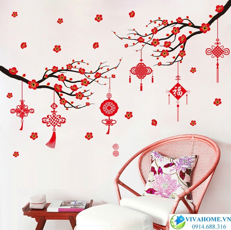Decal dán tường Đào đỏ ngày tết