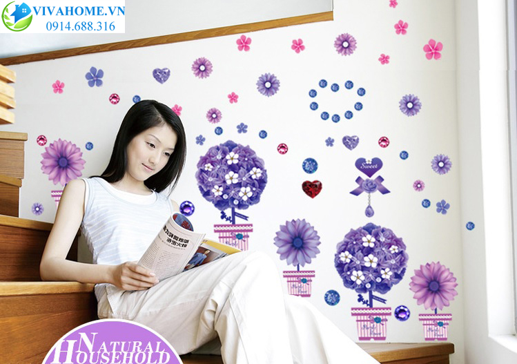 Decal dán tường chậu hoa tím