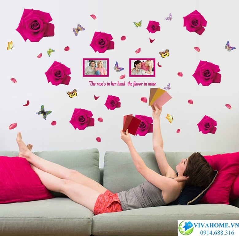Decal dán tường hoa hồng 3D